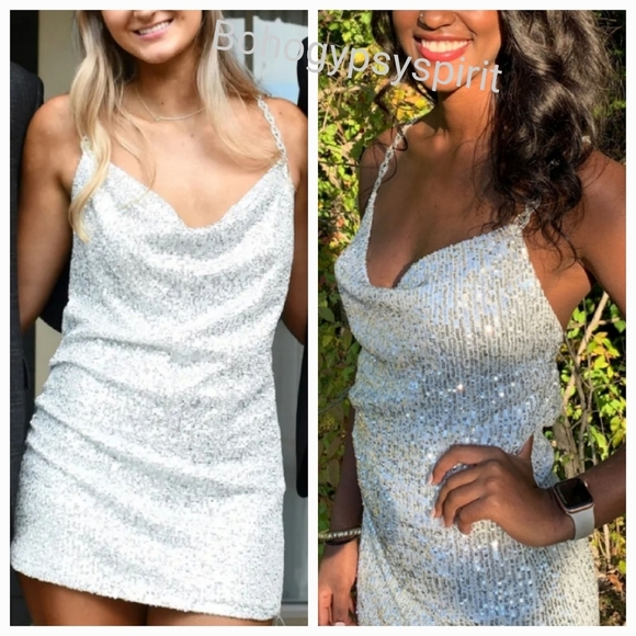 NWT Lulu's Silver Sequin Cowl Neck Mini Dress With Rhinestone Straps - Picture 7 of 16